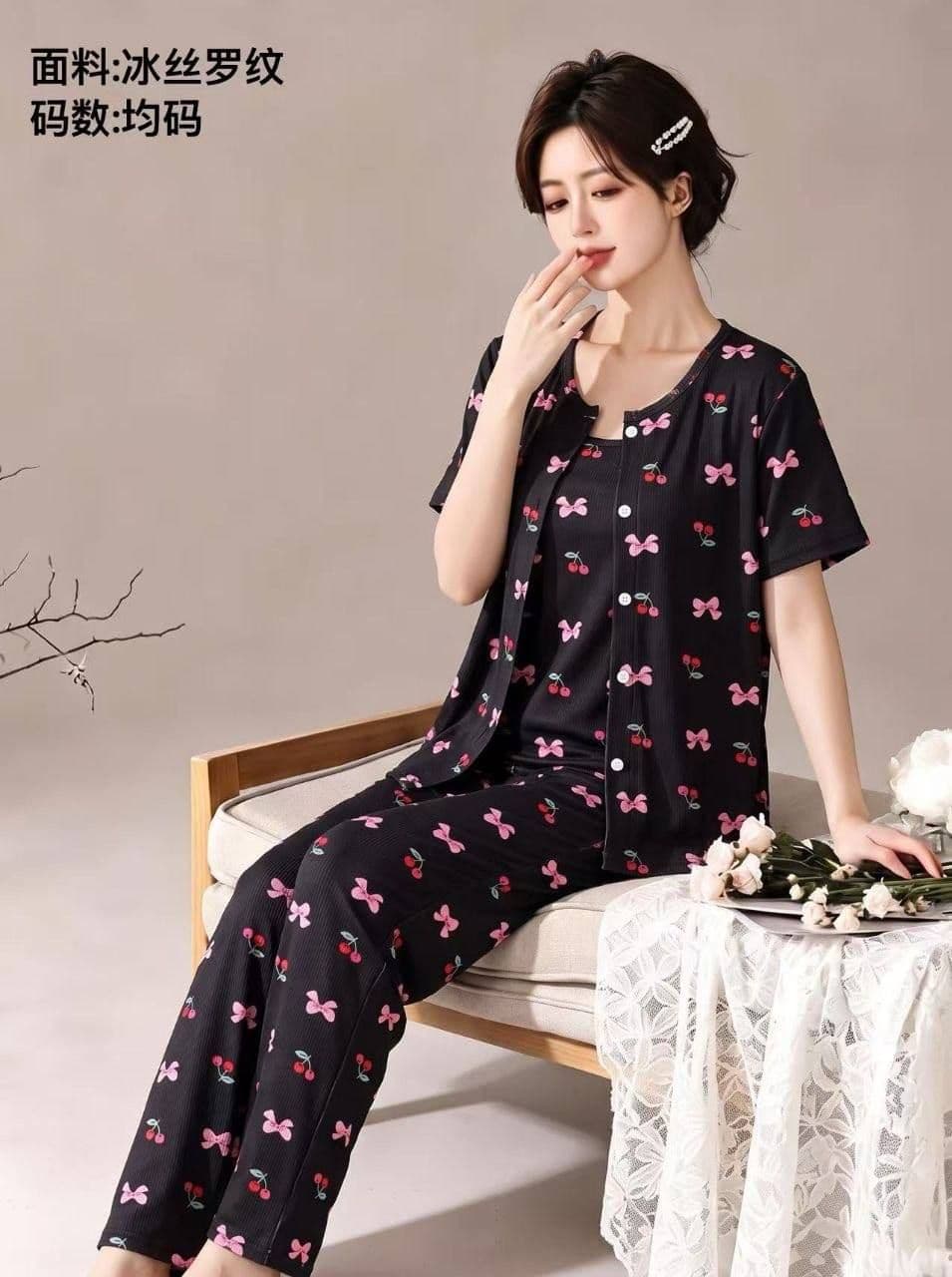 ست سه تیکه راحتی بلوز و تاپ و شلوار پنبه کبریتی دخترانه و زنانه کد 9647