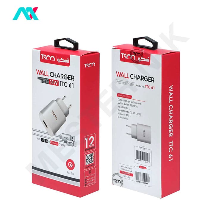 شارژر 18 وات TSCO مدل TTC-61 به همراه کابل Type-C