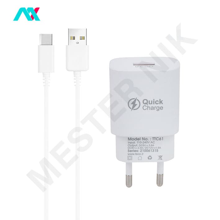 شارژر 18 وات TSCO مدل TTC-61 به همراه کابل Type-C — تصویر ۳
