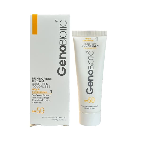 کرم ضدآفتاب بژ روشن SPF50 مناسب پوست چرب و مختلط ژنوبایوتیک 50 میلی‌لیتر GenoBiotic — تصویر ۳