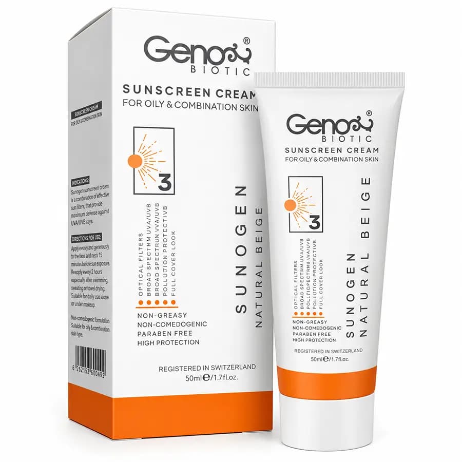 کرم ضدآفتاب بژ روشن SPF50 مناسب پوست چرب و مختلط ژنوبایوتیک 50 میلی‌لیتر GenoBiotic — تصویر ۵