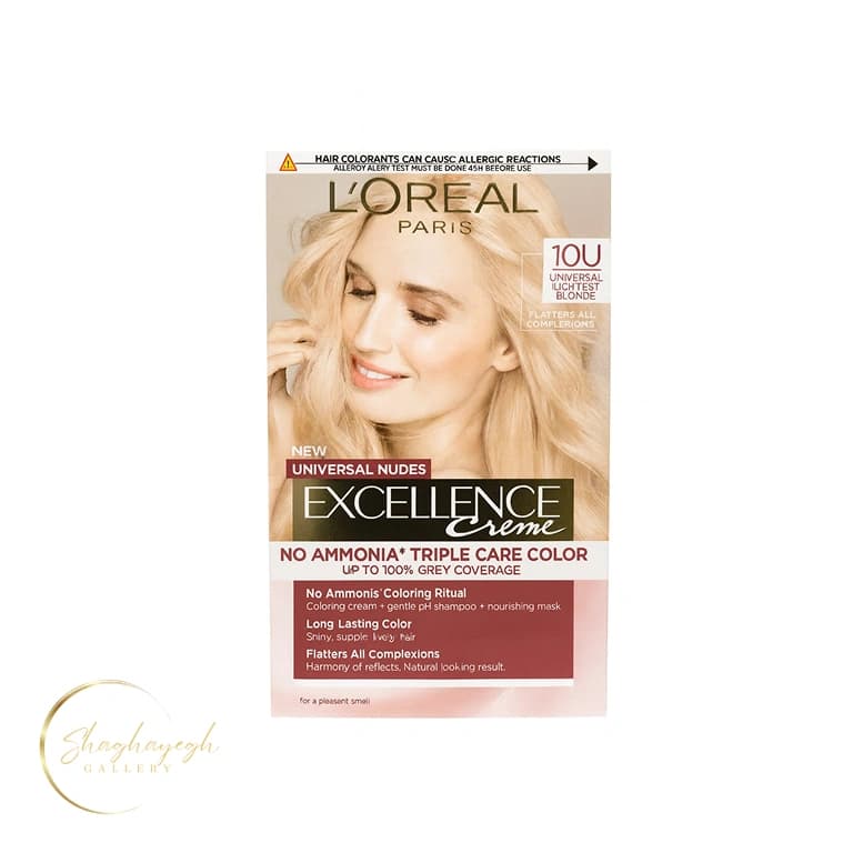 کیت رنگ مو بدون آمونیاک لورآل سری Excellence Creme شماره 10U پایه رنگ بلوند روشن نود — تصویر ۲