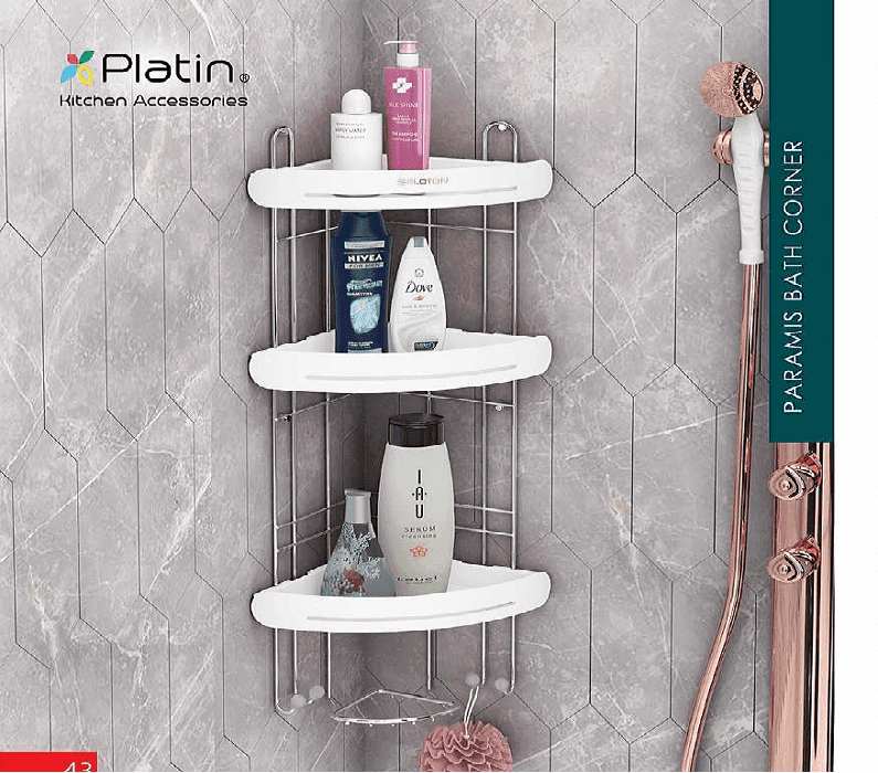 هولدر جای شامپو و صابون کنج حمام طرح پارامیس ( 2 _ 3 طبقه ) پلاتین کد 7113_7123
