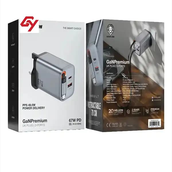آداپتور 67 وات با کابل جمع شونده تایپ سی گرین لاین GaN Premium 67W