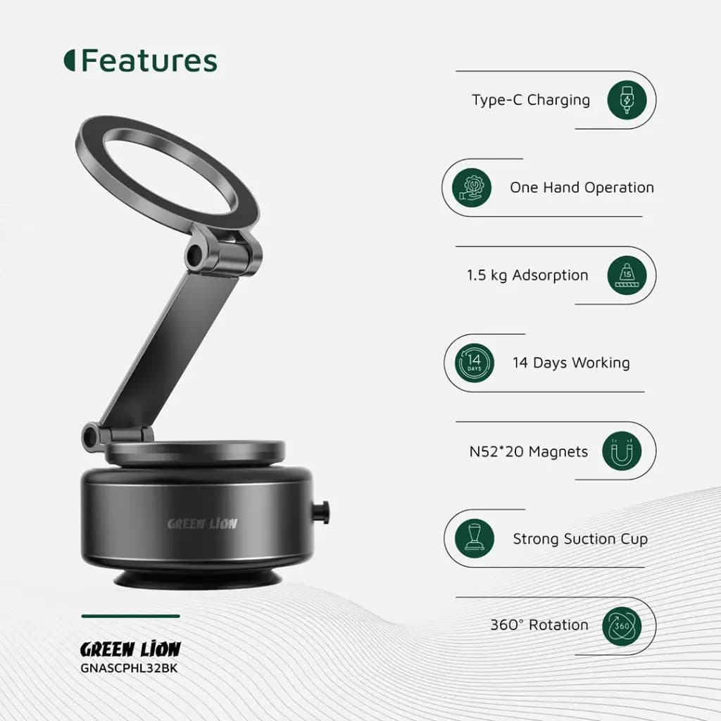 هولدر موبایل وکیوم مکشی مگ سیف گرین لاین Green Lion GX-32 Auto Suction Phone Holder — تصویر ۵