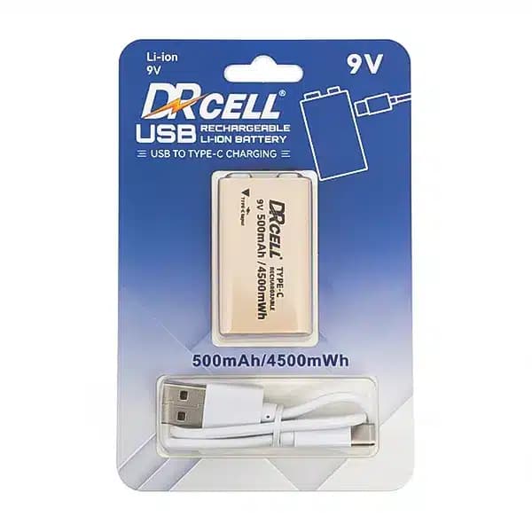 باتری کتابی 9 ولت 500 میلی آمپر قابل شارژ با رابط تایپ سی برند DRCELL — تصویر ۲