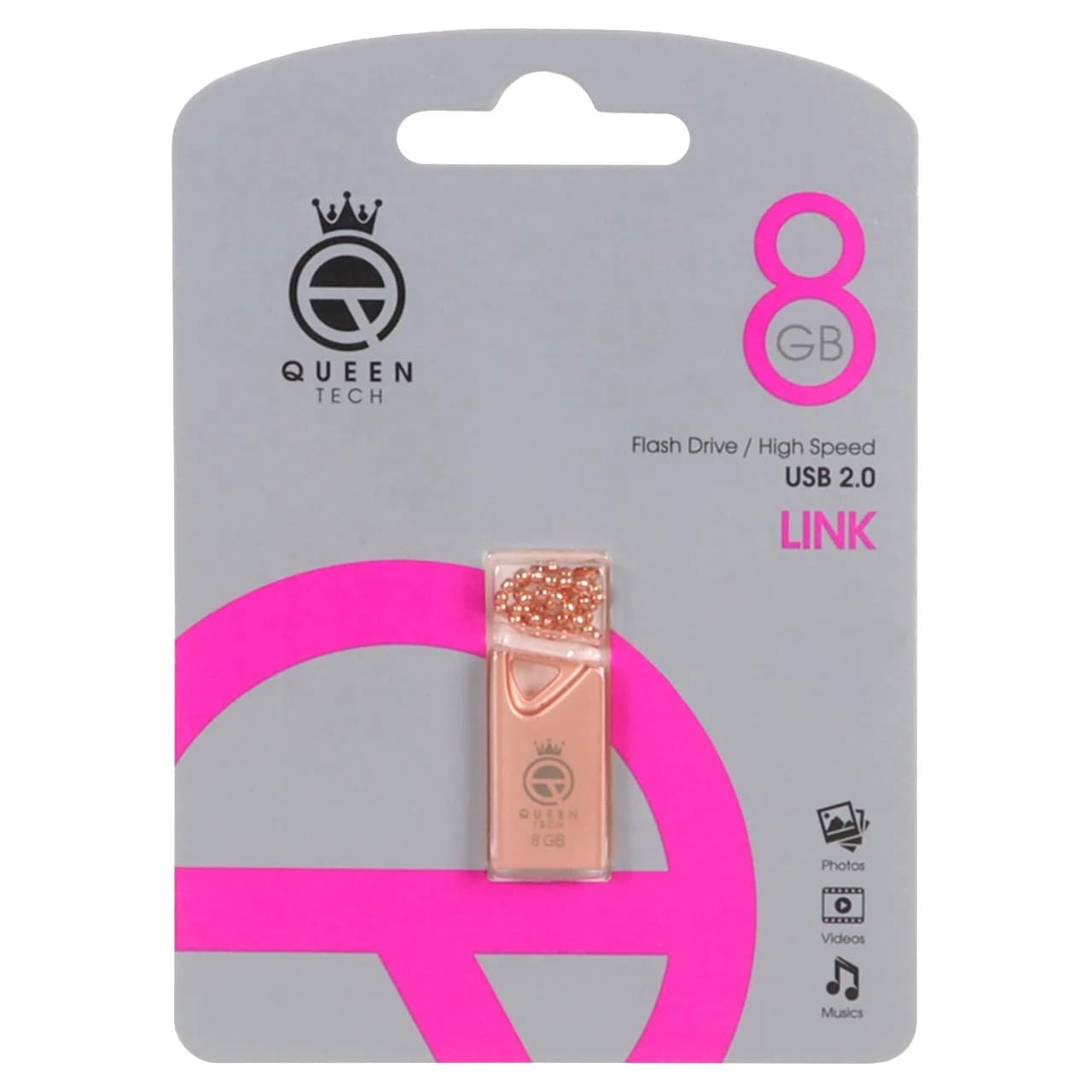 Queen LINK USB2.0 Flash Memory – 8GB (گارانتی مادام العمر شرکت آی تین) رزگلد