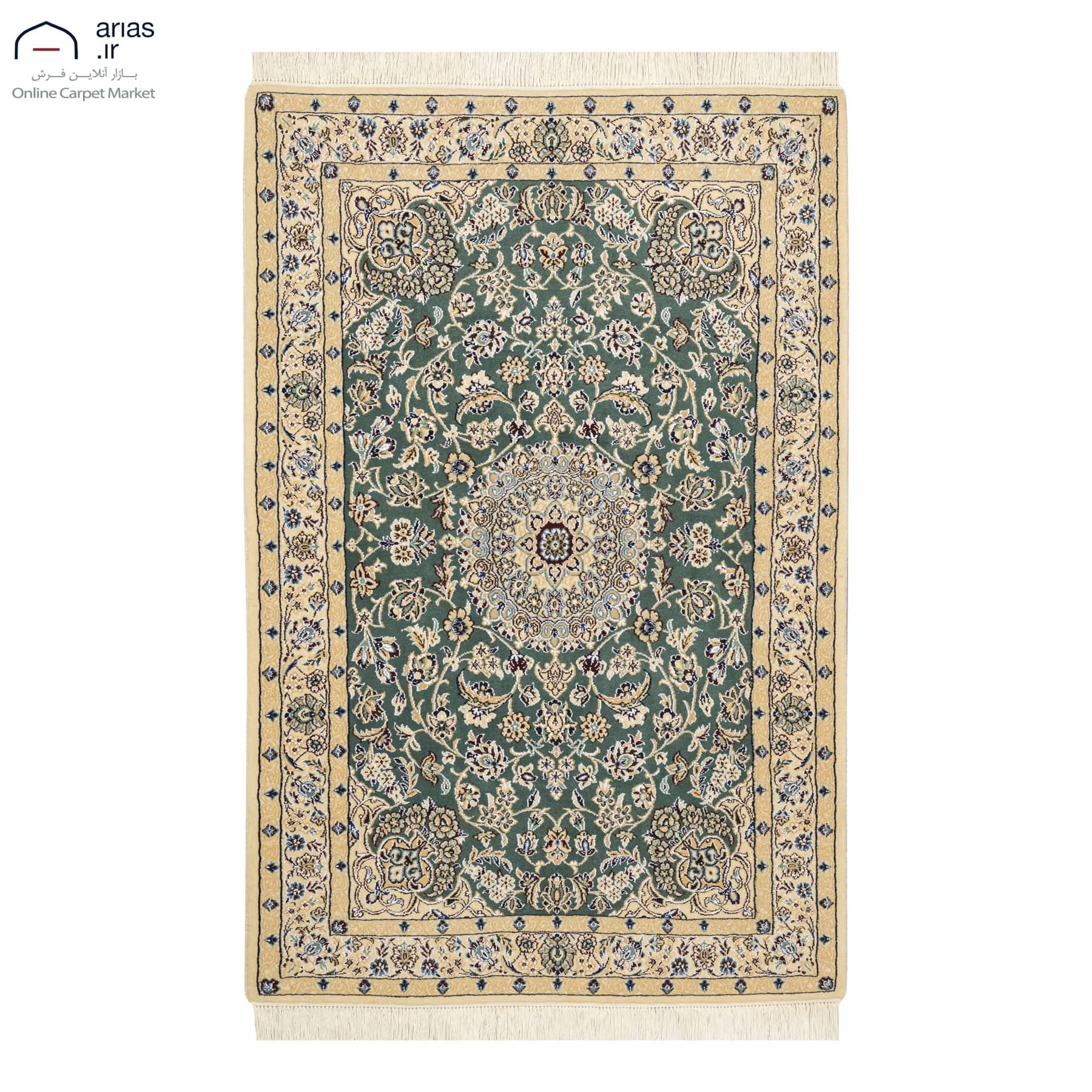 فرش دستباف ذرع و نیم 9 لا چله نخ گل ابریشم زمینه سبز یشمی نایین D02436N