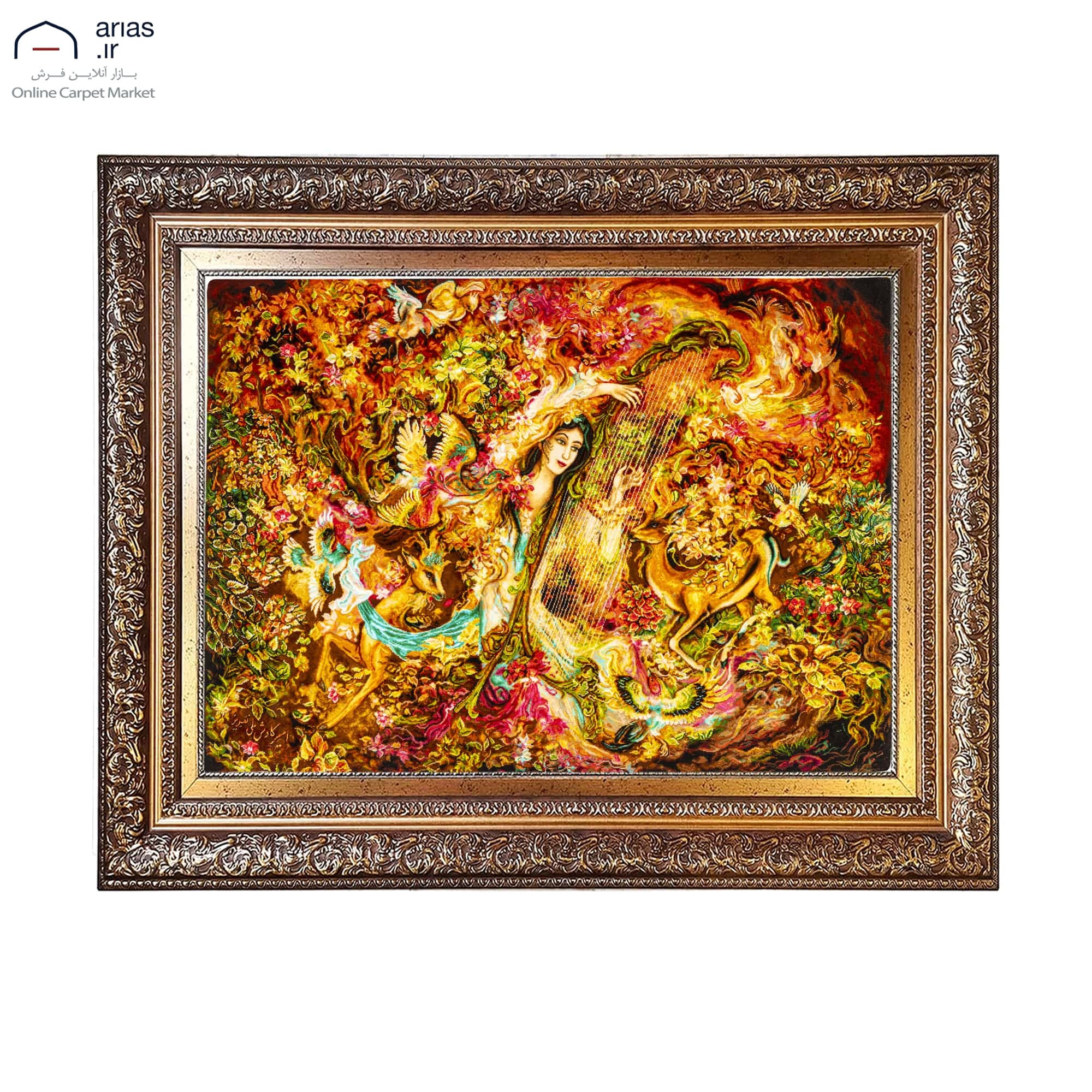 تابلو فرش دستباف عرضی مینیاتور طرح آوای چنگ بافت تبریز کد T02346 — تصویر ۲