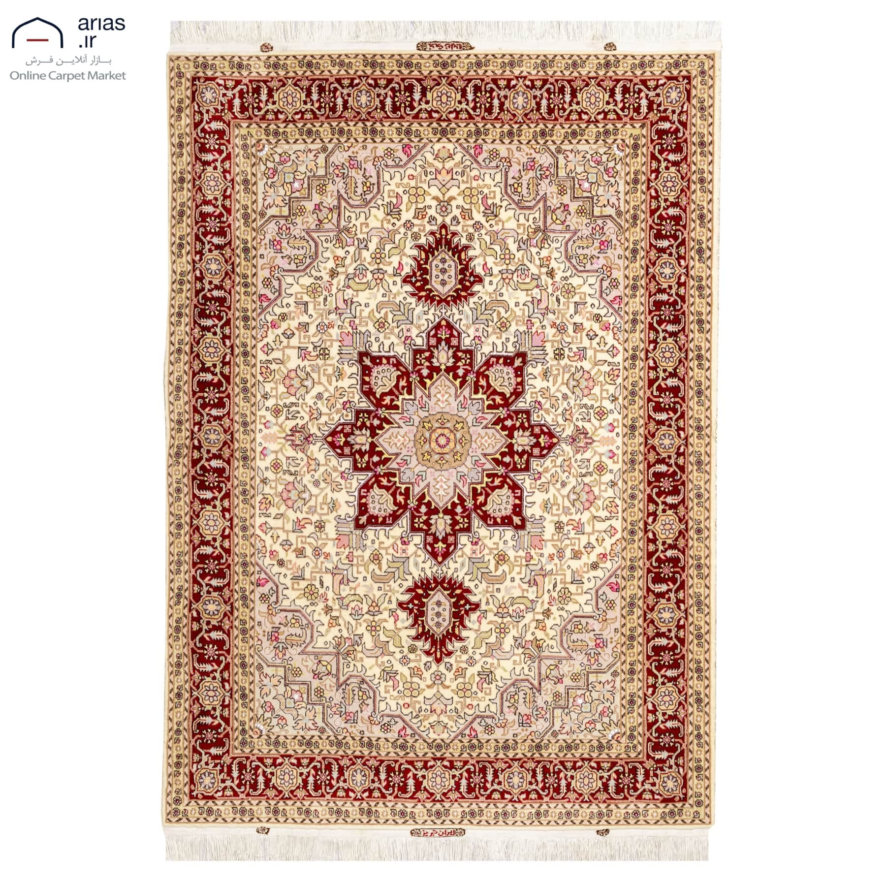 فرش دستباف سه متری نقشه هریس زمینه چله نخ گل ابریشم کرم بافت تبریز کد D02458T