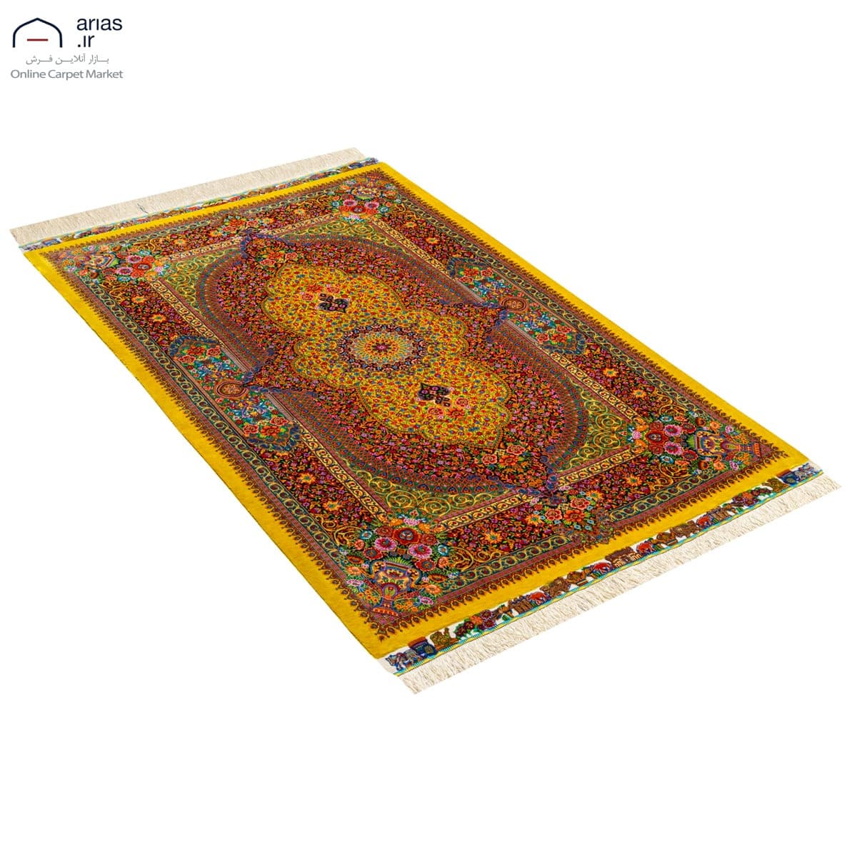 فرش دستباف ذرع و نیم تمام ابریشم نقشه لچک ترنج زمینه طلایی مارک عربلو بافت قم کد D02790G — تصویر ۴