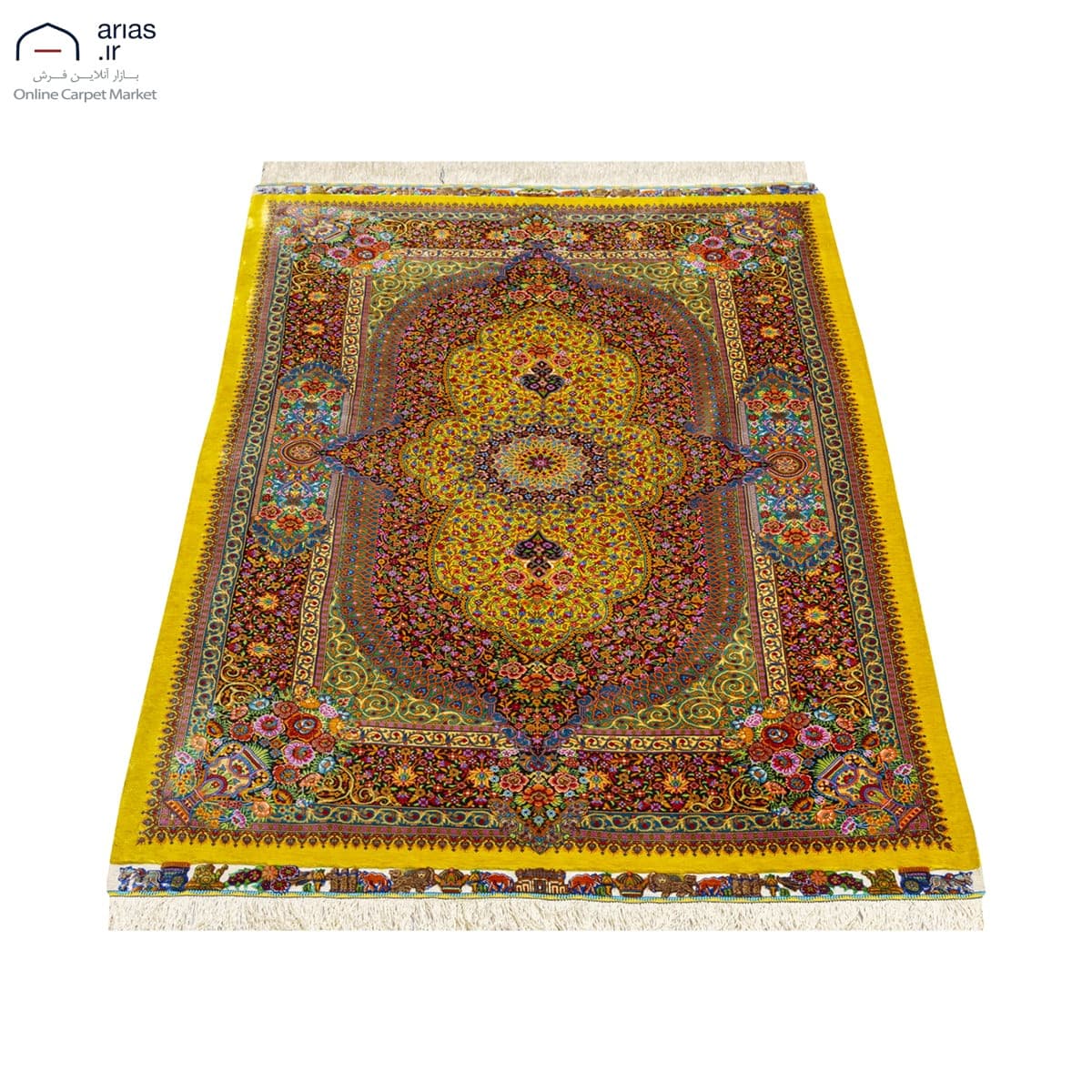 فرش دستباف ذرع و نیم تمام ابریشم نقشه لچک ترنج زمینه طلایی مارک عربلو بافت قم کد D02790G — تصویر ۳