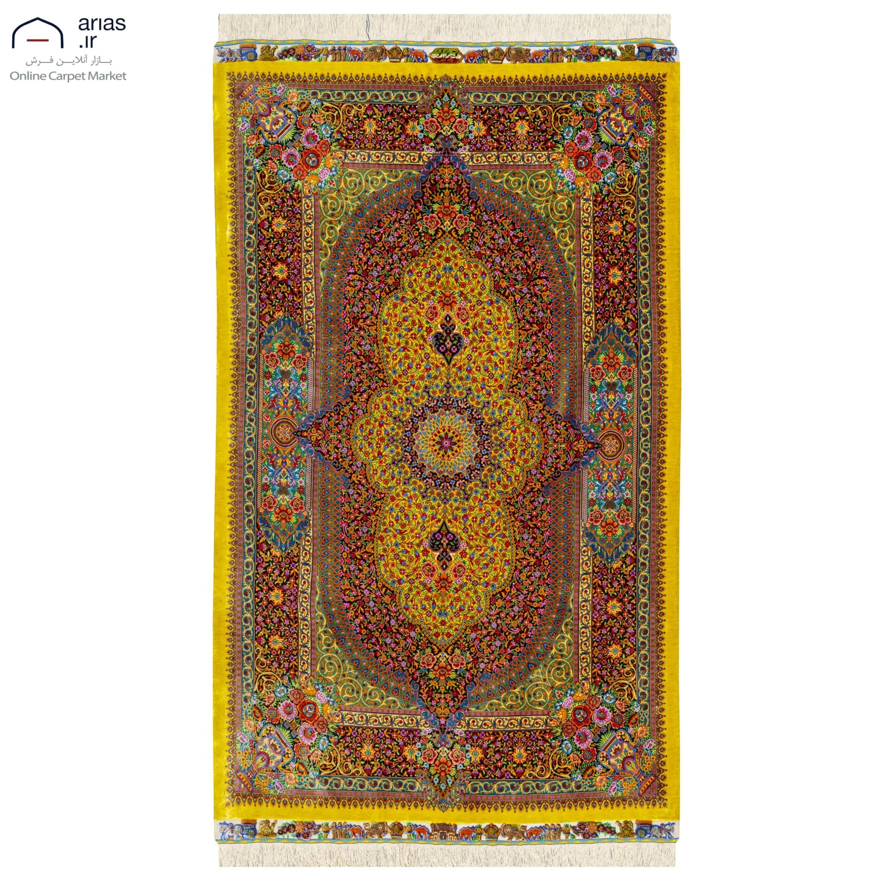 فرش دستباف ذرع و نیم تمام ابریشم نقشه لچک ترنج زمینه طلایی مارک عربلو بافت قم کد D02790G