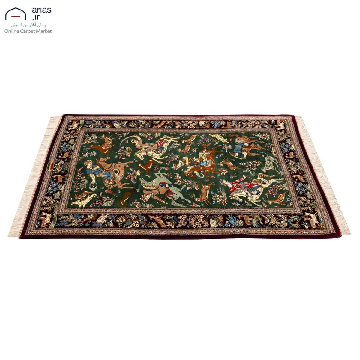 فرش دستباف ذرع و نیم تمام ابریشم نقشه شکارگاه زمینه سبز مارک عربلوبافت قم کد D02789G — تصویر ۵