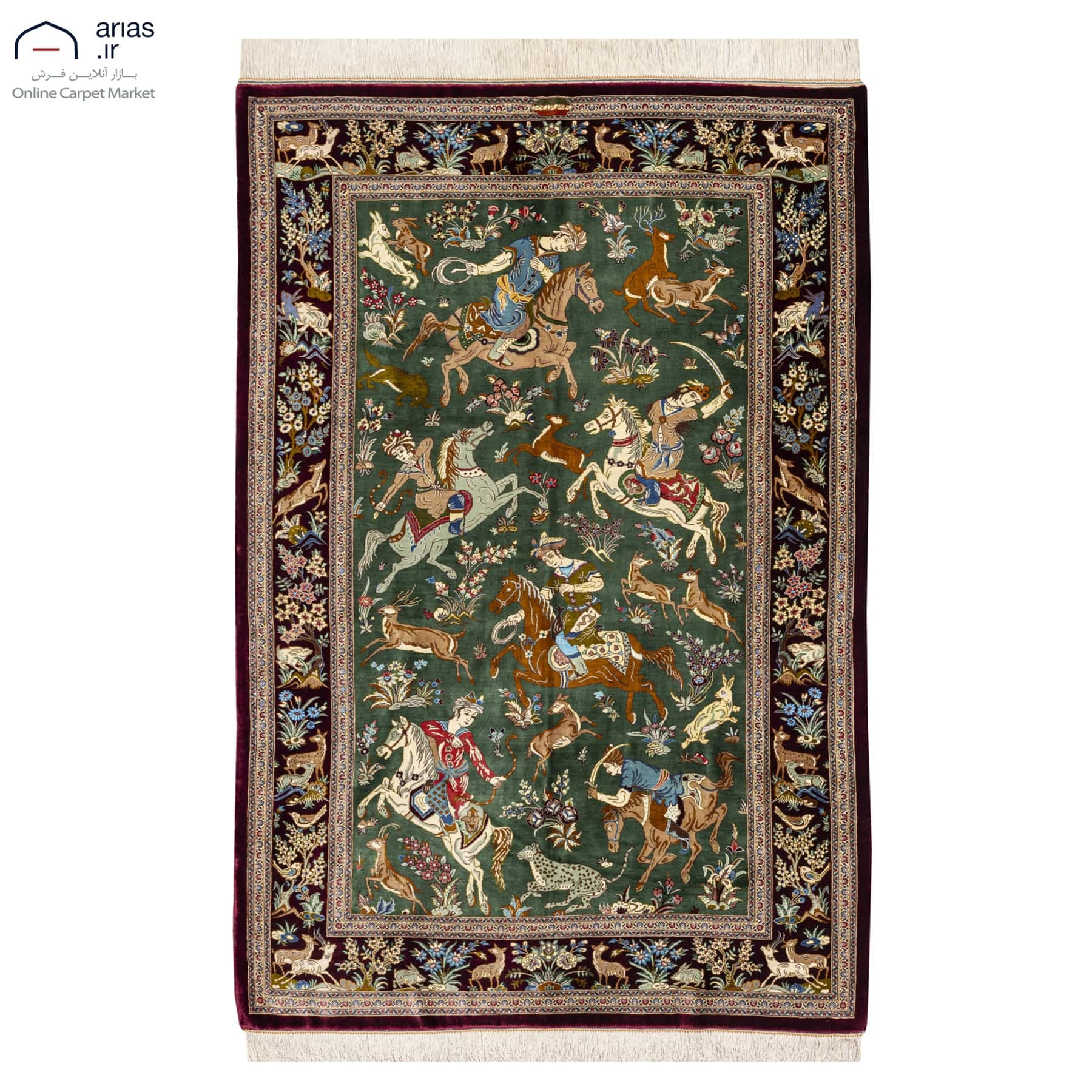 فرش دستباف ذرع و نیم تمام ابریشم نقشه شکارگاه زمینه سبز مارک عربلوبافت قم کد D02789G