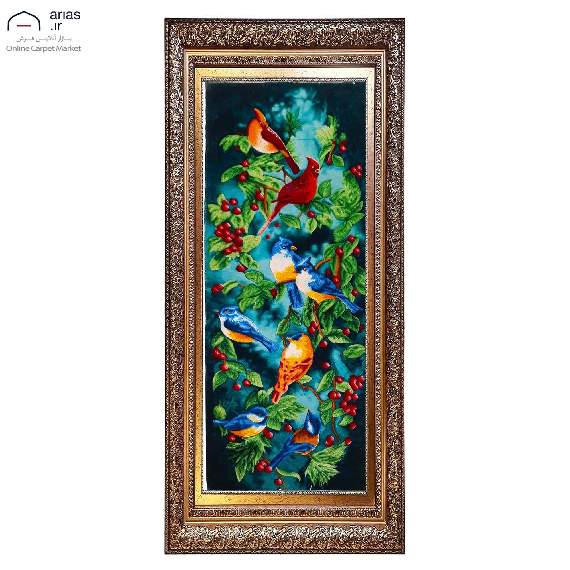 تابلو فرش دستباف عمودی چله ابریشم طرح گل و بلبل بافت تبریز کد T02278