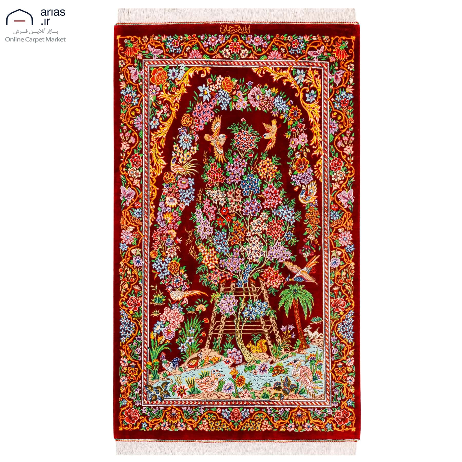 فرش دستباف ۶۰ در ۹۰ تمام ابریشم نقشه درختی مارک رحمانی زمینه شرابی بافت قم کد D02750G