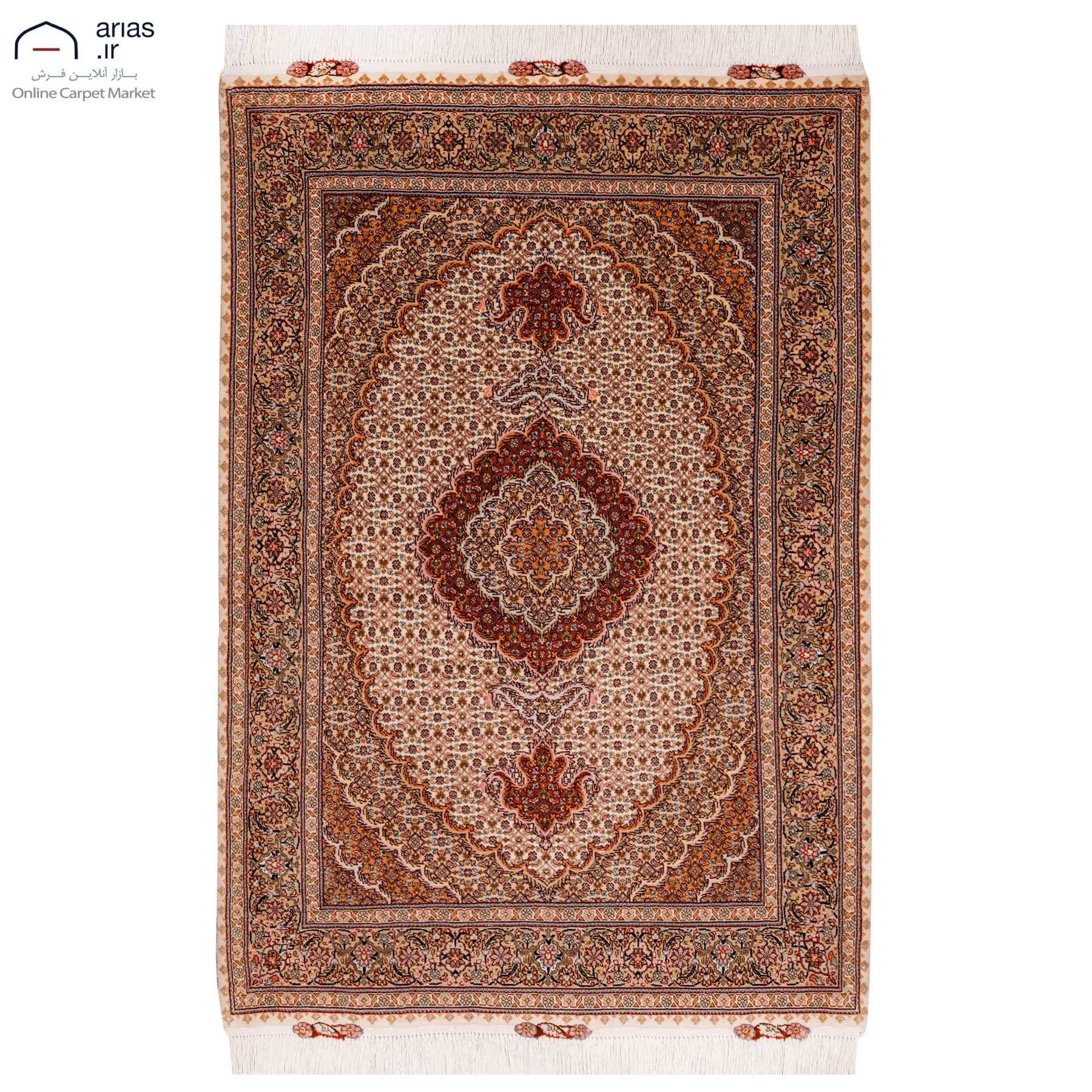 فرش دستباف ذرع و نیم نقشه ماهی چله نخ گل ابریشم زمینه کرم بافت تبریز کد D02447T