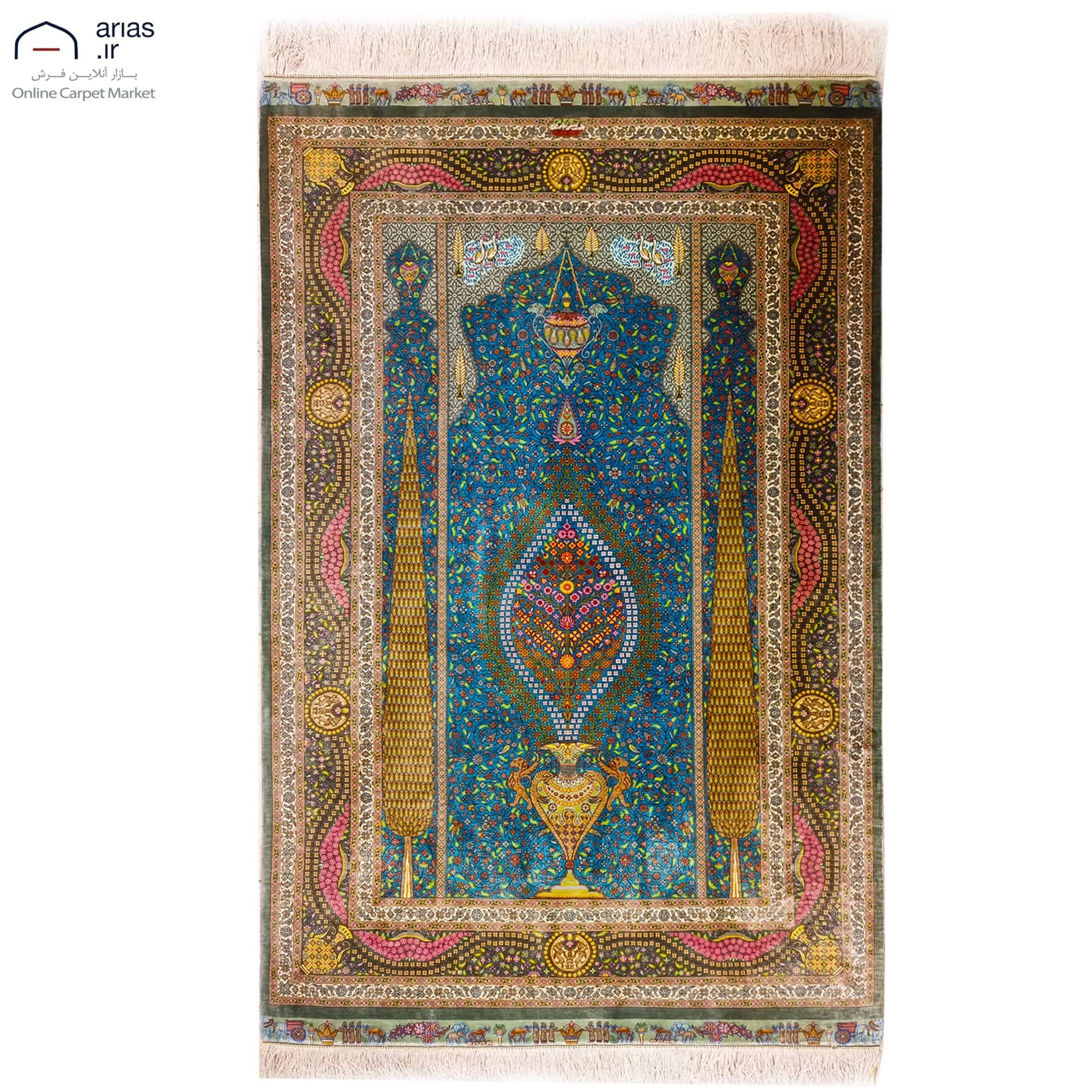 فرش دستباف ذرع و نیم تمام ابریشم طرح گلدانی مارک عربلو بافت قم کد D02661G