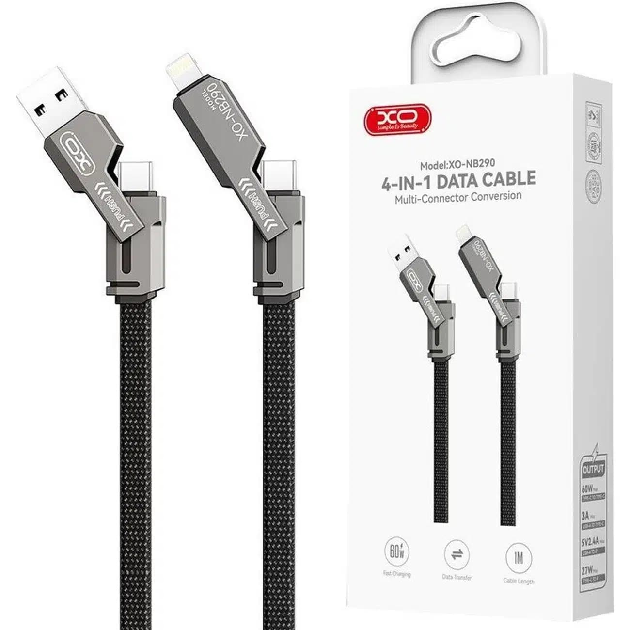کابل شارژ 4 در 1 ایکس او مدل XO-NB290 توان 60W و طول 1m — تصویر ۲