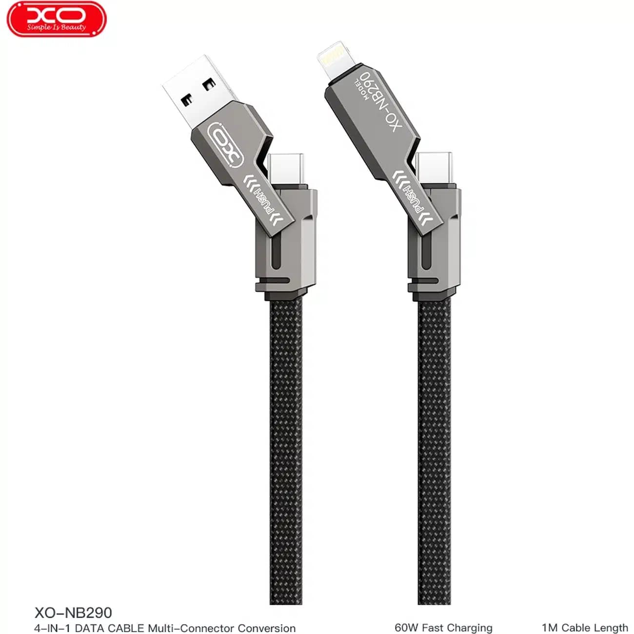 کابل شارژ 4 در 1 ایکس او مدل XO-NB290 توان 60W و طول 1m — تصویر ۷