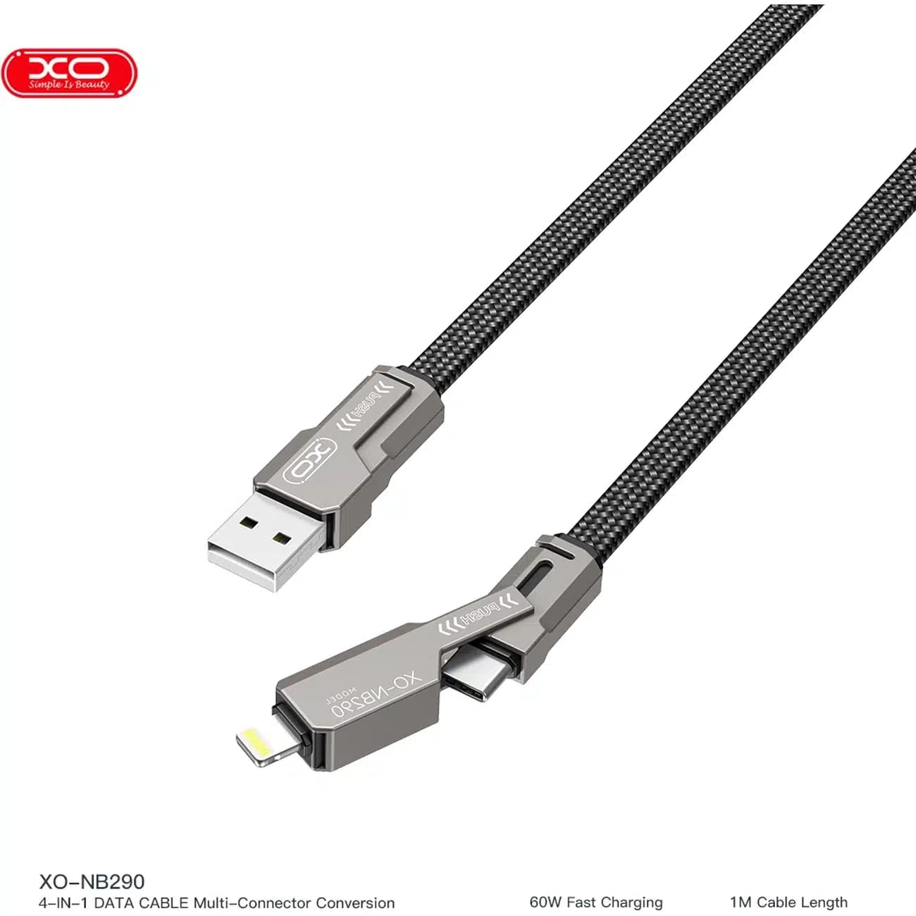 کابل شارژ 4 در 1 ایکس او مدل XO-NB290 توان 60W و طول 1m — تصویر ۶