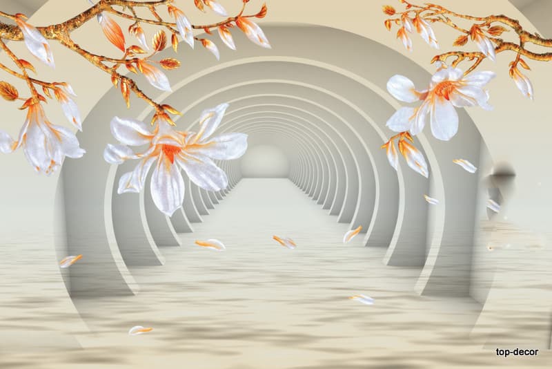 پوستر دیواری سه بعدی طرح گل و تونل