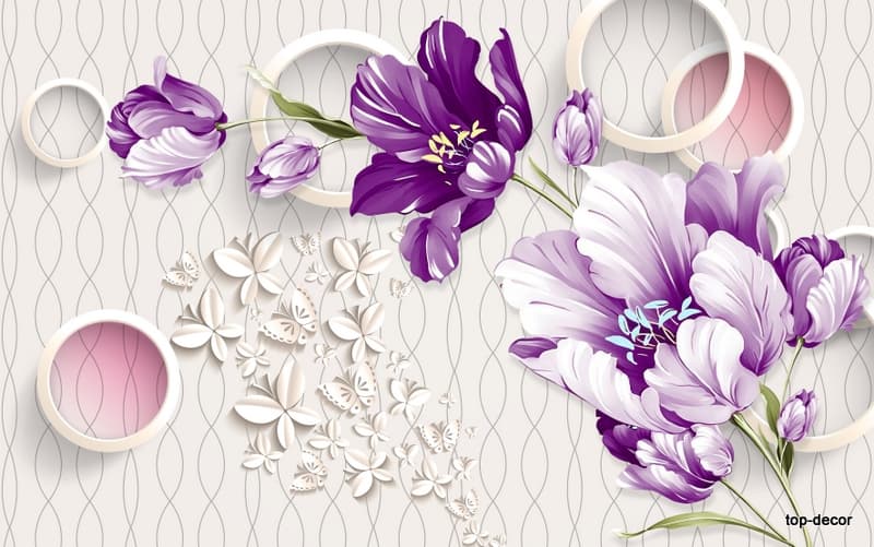 پوستر دیواری سه بعدی طرح گل بنفش و پروانه