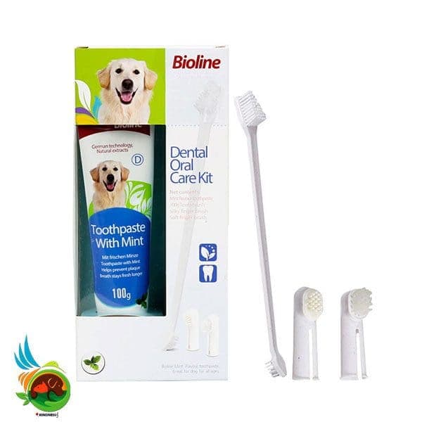ست مسواک و خمیر دندان سگ بایولاین با طعم نعناع Bioline dental oral care kit وزن 100 گرم