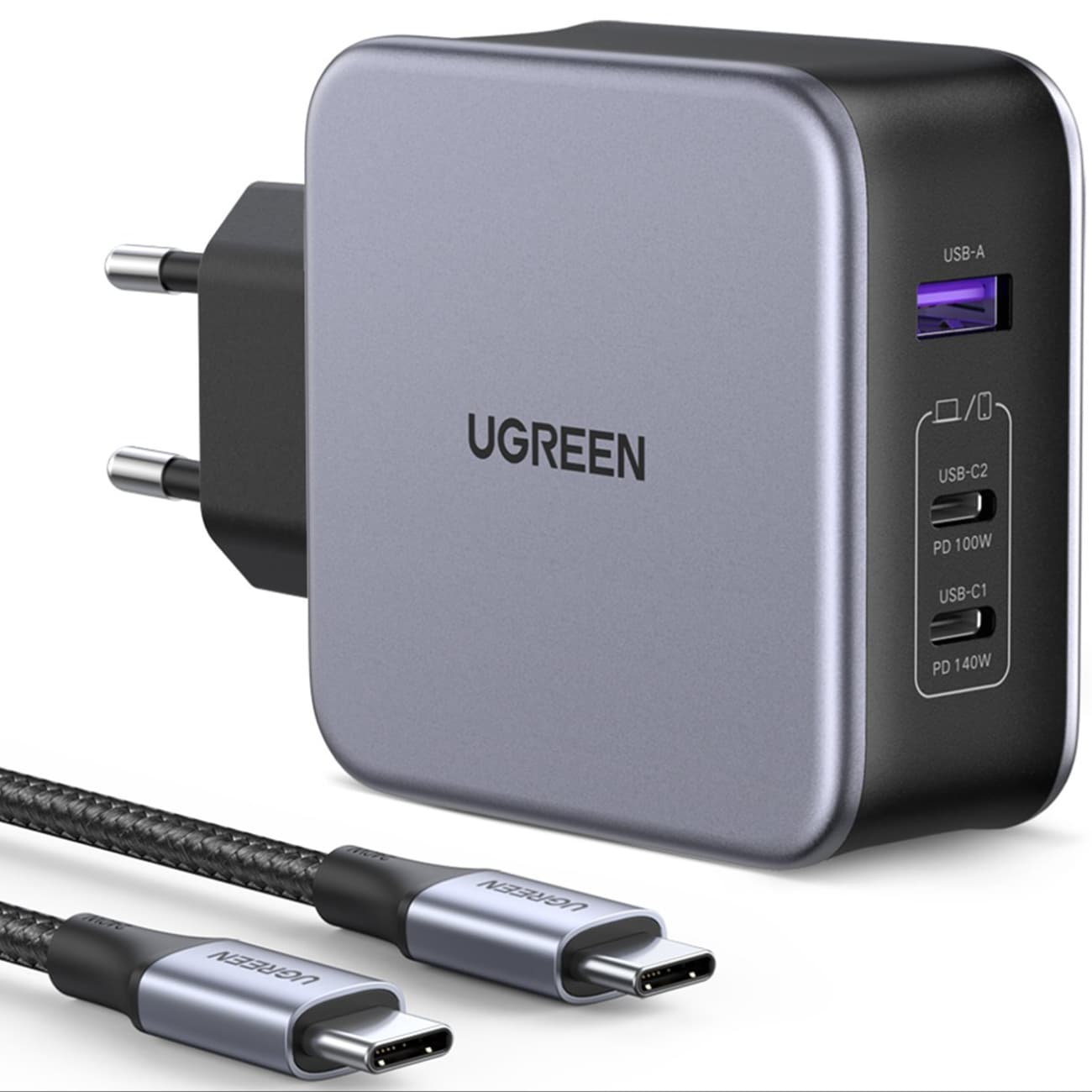 شارژر دیواری یو‌اس‌بی و تایپ‌‌سی فست شارژ 140 وات یوگرین Ugreen CD289 90549 با کابل دوسر تایپ‌سی