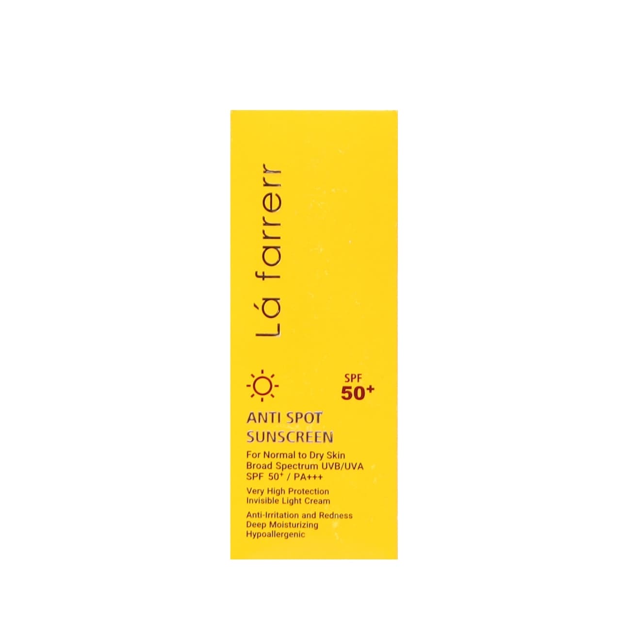 کرم ضدآفتاب و ضد لک بی رنگ spf50 لافارر مناسب پوست خشک و معمولی 40 میلی لیتر
