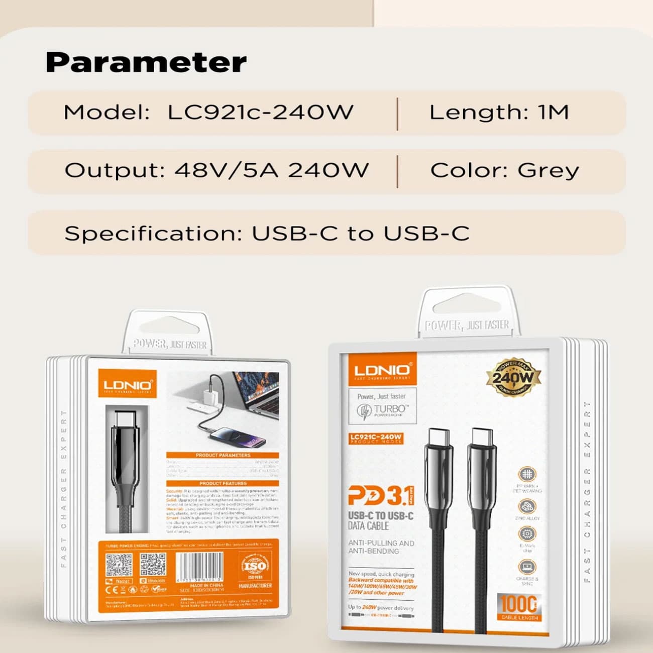 کابل تایپ سی الدنیو LDNIO مدل LC921 توان 240 وات یک متری — تصویر ۸