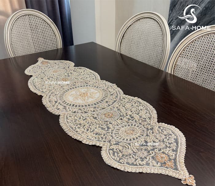 رومیزی جدید مخمل کریستال طرح شکوفه 5 تکه کرمتیره — تصویر ۴
