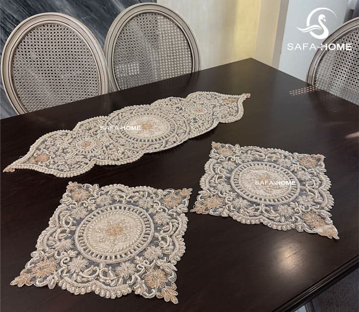 رومیزی جدید مخمل کریستال طرح شکوفه 5 تکه کرمتیره — تصویر ۳