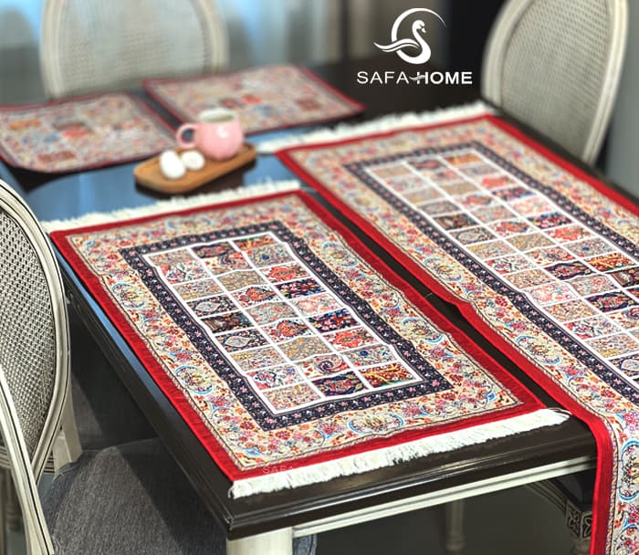 ست رومیزی چاپی 4 تکه طرح بوستان حاشیه قرمز
