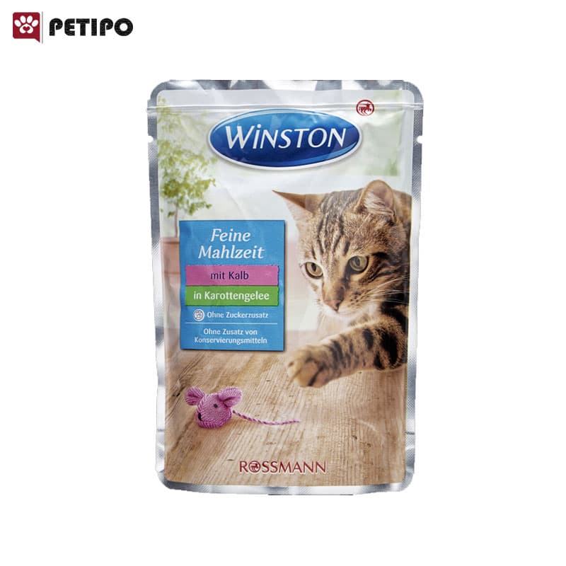 غذای پوچ گربه گوشت گوساله در ژله هویج وینستون (Mit Kalb in Karottengelee) وزن 100 گرم