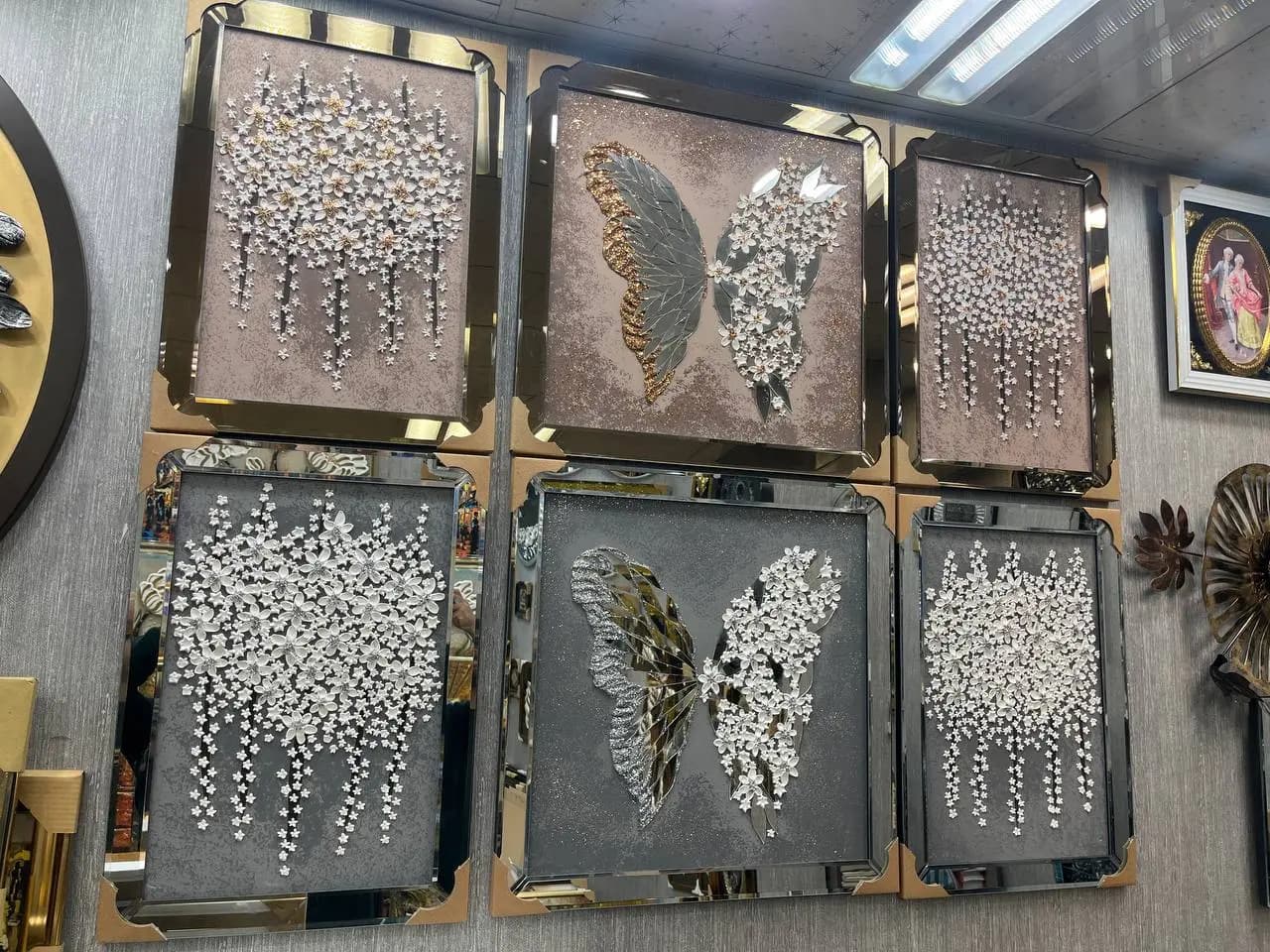 تابلو سه تکه آینه کاری طرح پروانه و شکوفه