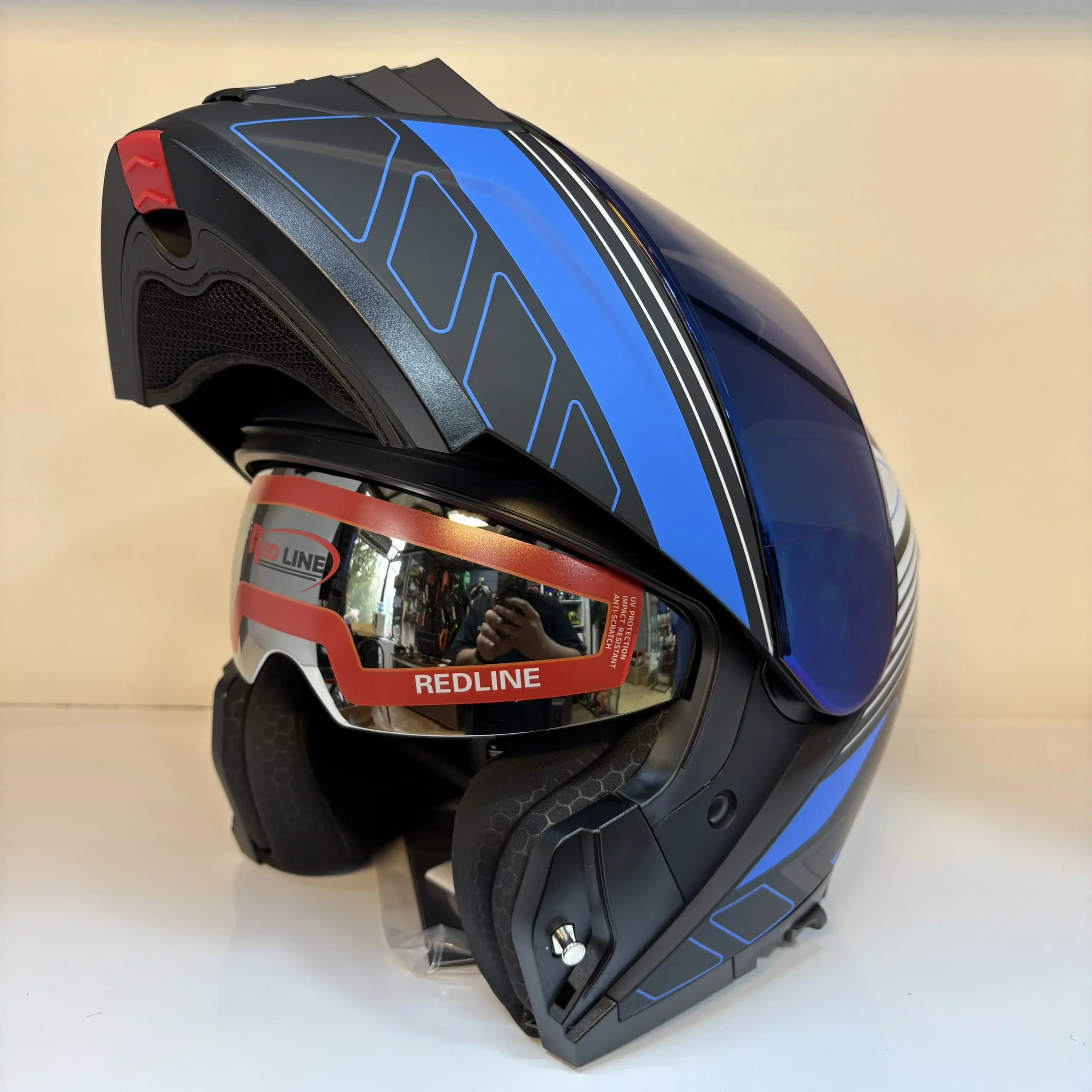 کلاه کاسکت فک متحرک Redline مدل 960 – مشکی آبی — تصویر ۳