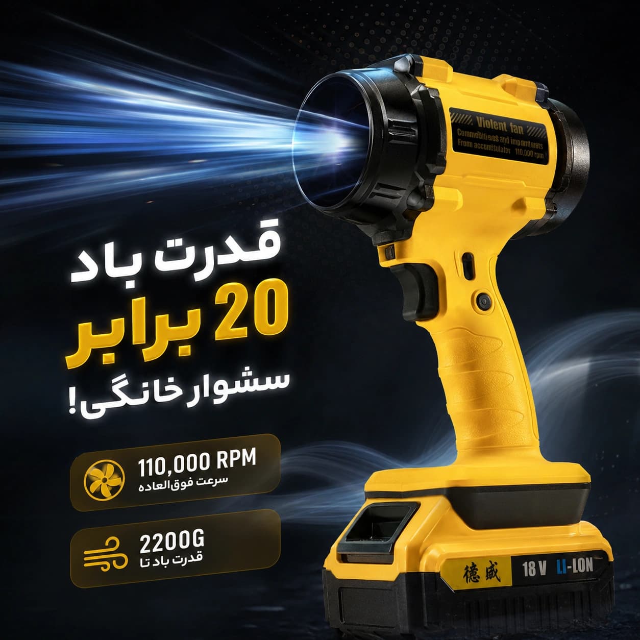 جت فن شارژی Violent مدل F018 توربو باتری بزرگ | ۱۱۰۰۰۰ دور در دقیقه، دمنده پر قدرت، شارژ Type C — تصویر ۳