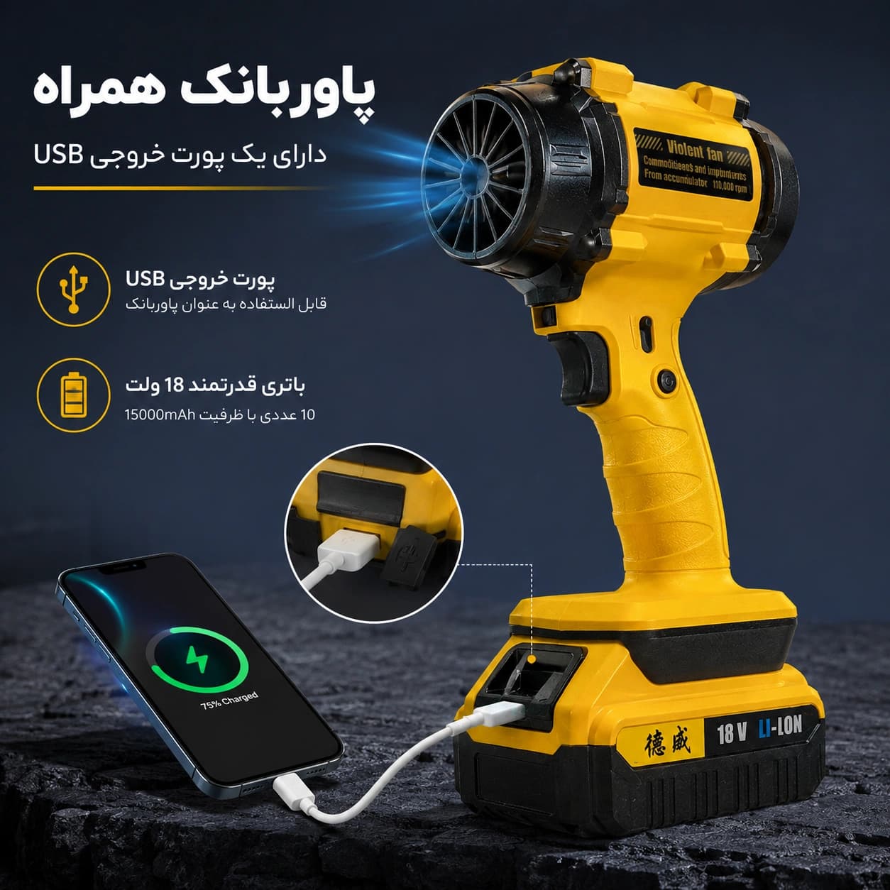 جت فن شارژی Violent مدل F018 توربو باتری بزرگ | ۱۱۰۰۰۰ دور در دقیقه، دمنده پر قدرت، شارژ Type C — تصویر ۴