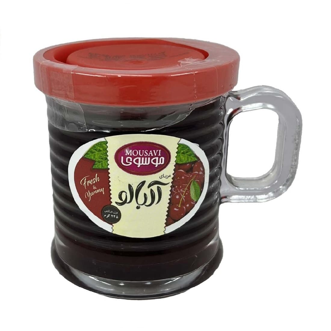 مربای آلبالو (طرح لیوان دسته دار) 245 گرمی موسوی در بسته بندی 12 عددی