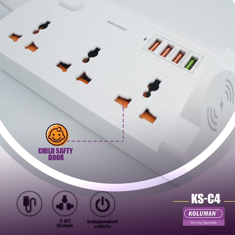 شارژر و سه راهی برق کلومن مدل KS-C4 مجهز به شارژر وایرلس — تصویر ۴