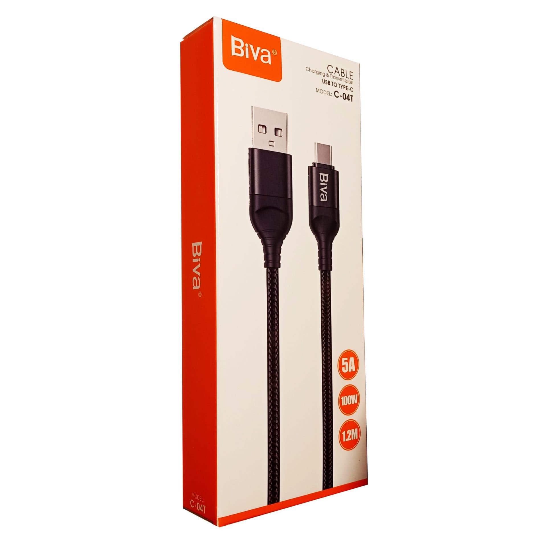 کابل فست شارژ کنفی USB به Type-C بیوا (Biva) مدل C-04T طول 1.2 متر، 100 وات — تصویر ۲