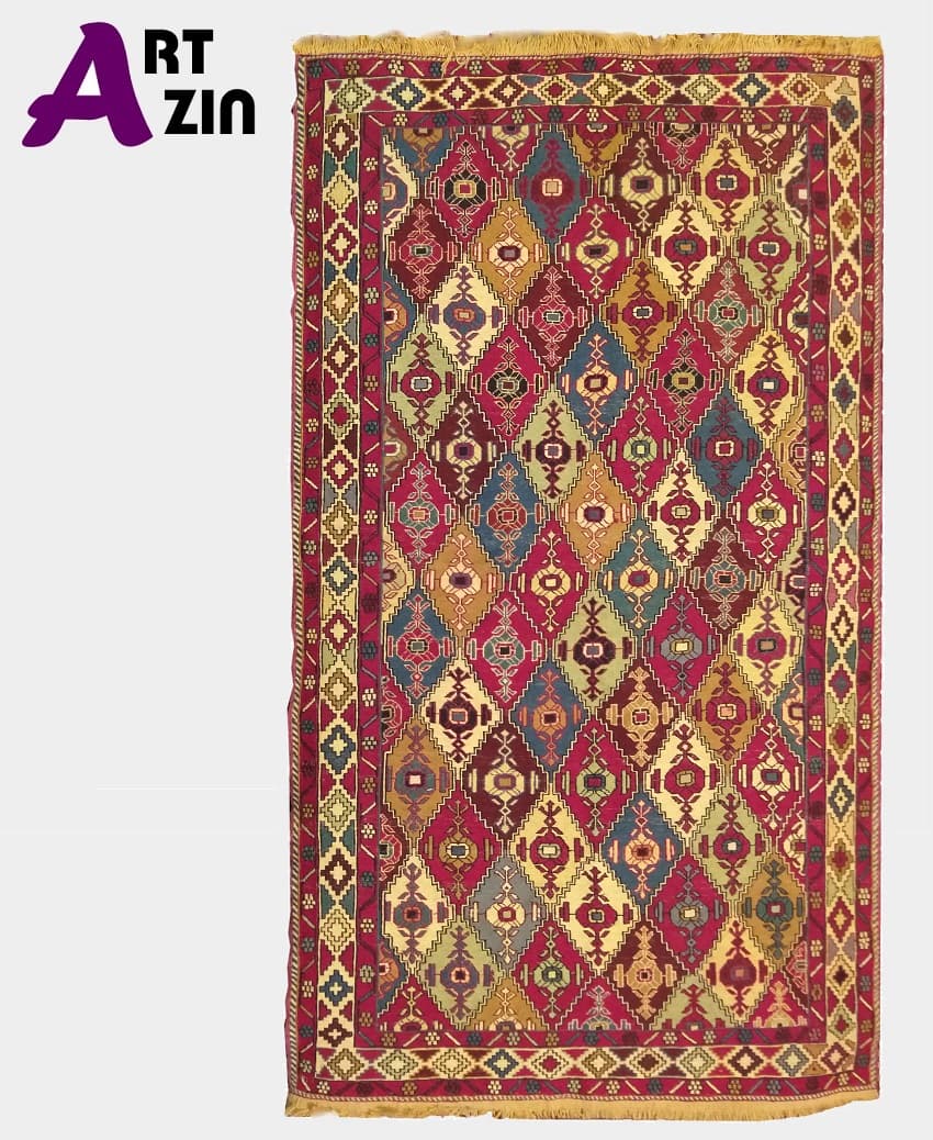گلیم دستبافت سوزنی (ورنی) 2/5 متری مدل دشت مغان اردبیل نقشه شطرنجی کد:456