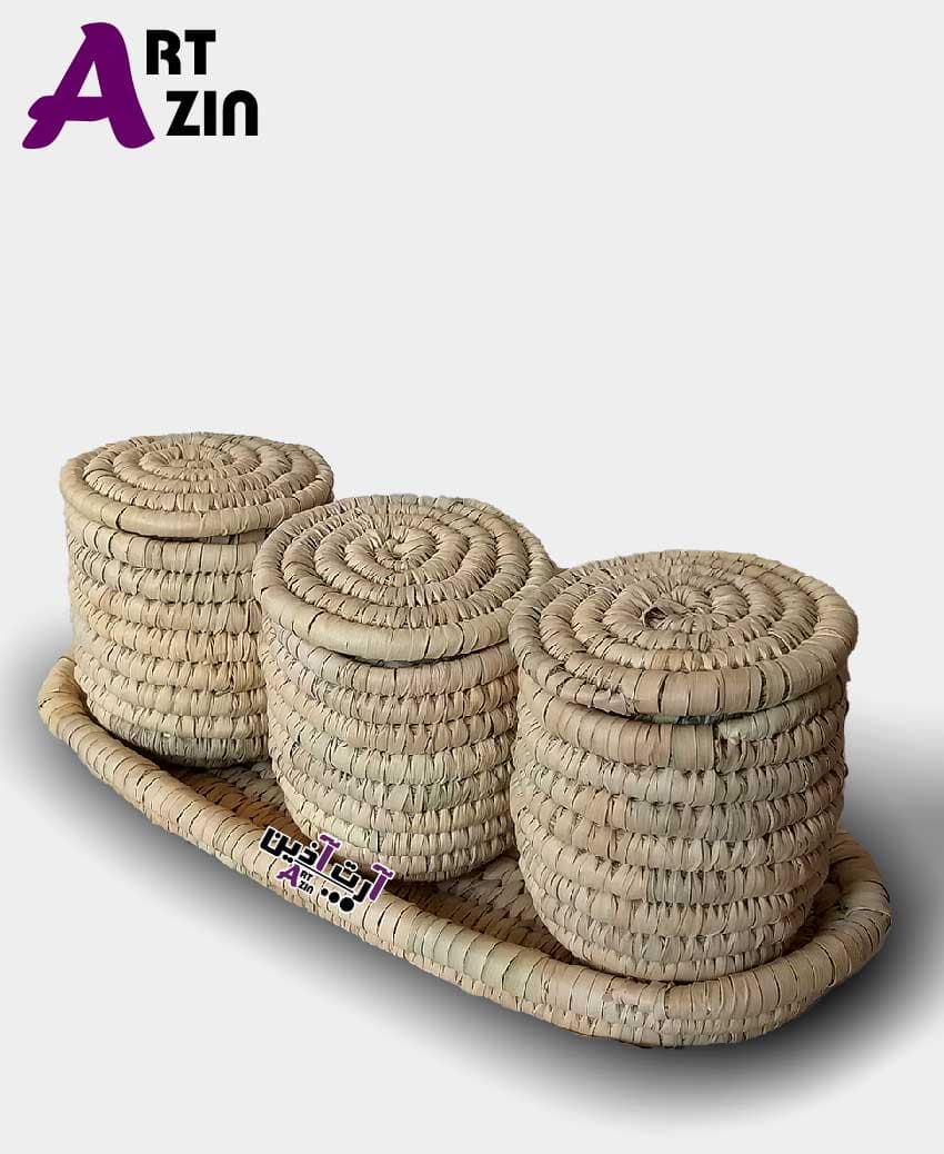 ست دمنوش حصیری – ۴ تکه اردوخوری با الیاف درخت نخل (لیف خرما) – کد : 214