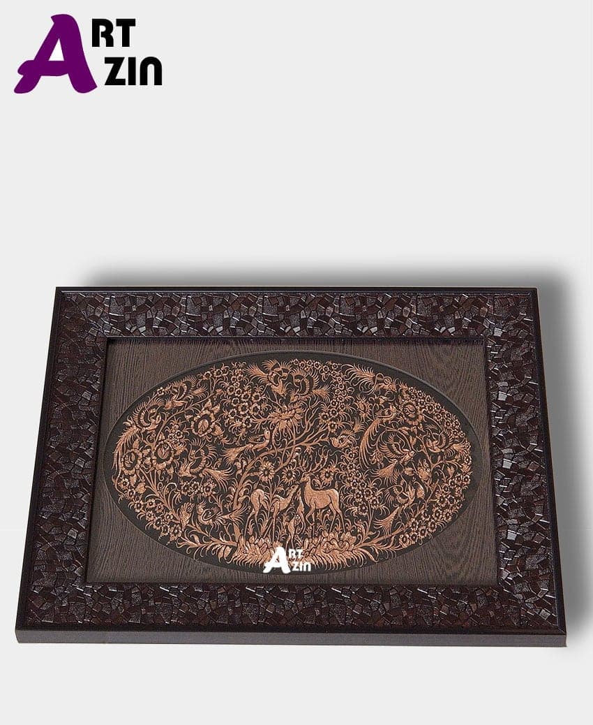تابلو بیضی مسی طرح گل و مرغ سایز 40*50 سانتی کد : 154
