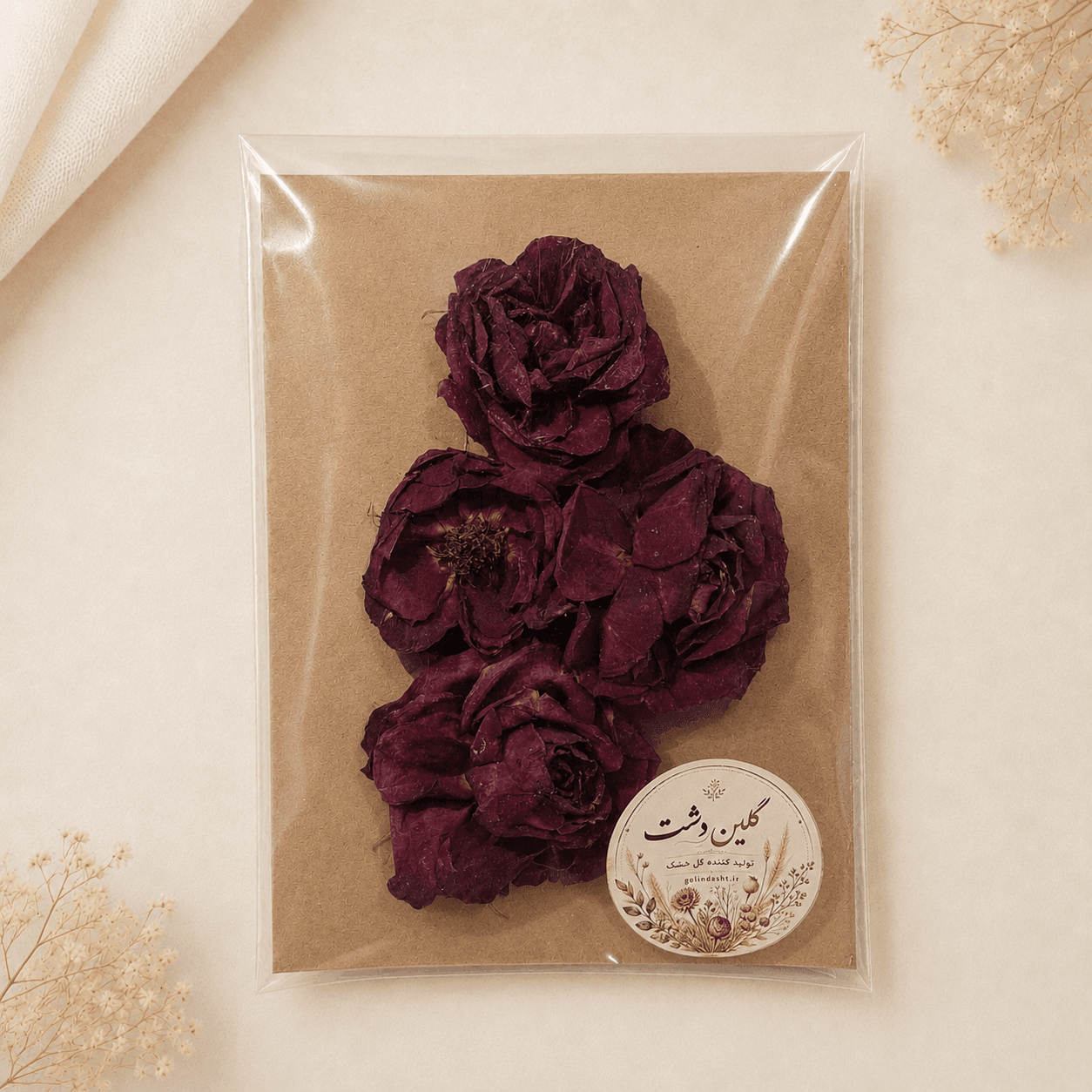سرگل رز مینیاتوری خشک طبیعی – طیف زرشکی بادنجانی (۴ عددی گل درشت)