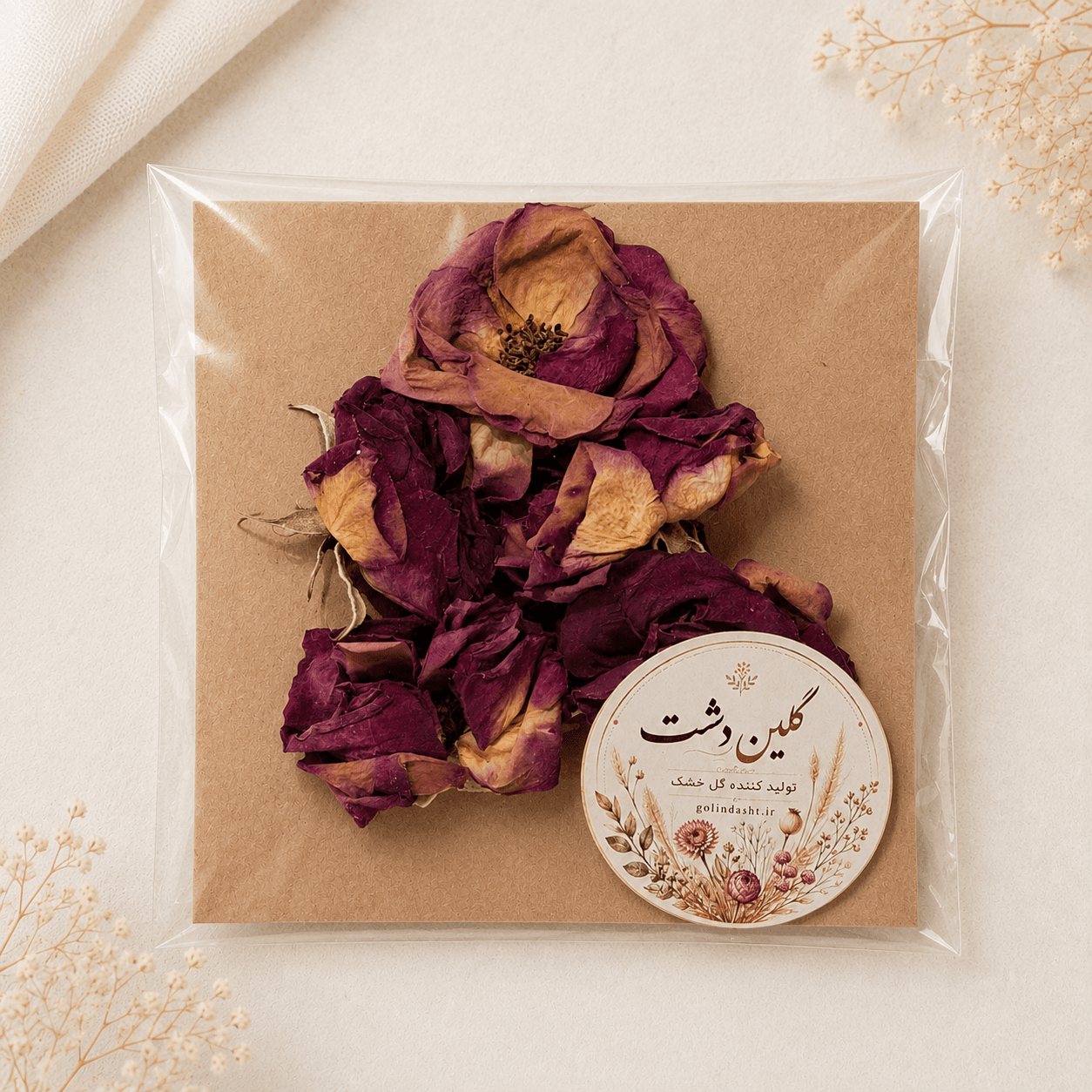 سرگل رز مینیاتوری خشک طبیعی – بنفش شاتوتی (۵ عددی گل درشت)
