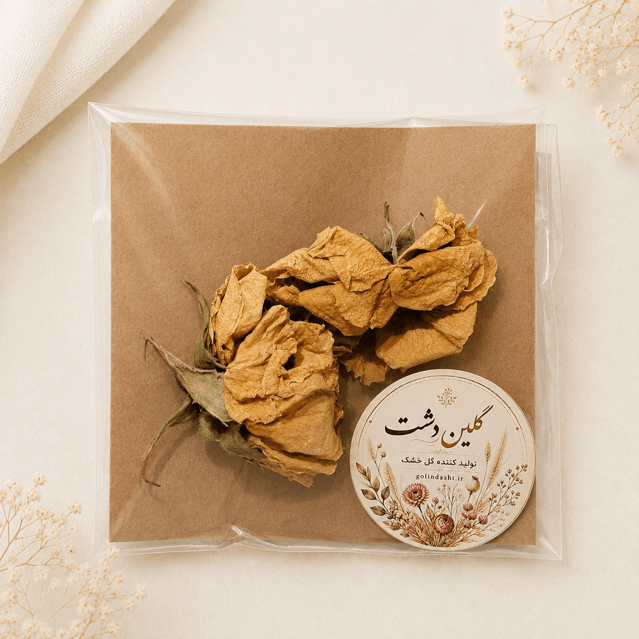 سرگل رز مینیاتوری خشک طبیعی – کرمی استخوانی آنتیک (۲ عددی گل درشت)