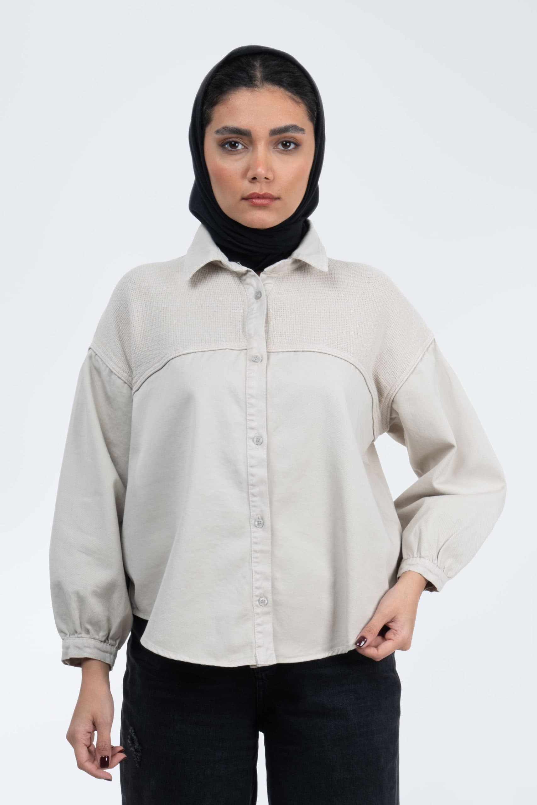 شومیز کتان حصیری ترکیبی استخوانی 0005976